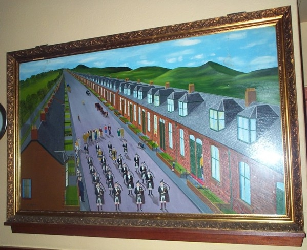 Allandale Pipe Band Artistic Representation Artistic painting of Allandale Pipe Band marching through the village in traditional Scottish Highland dress